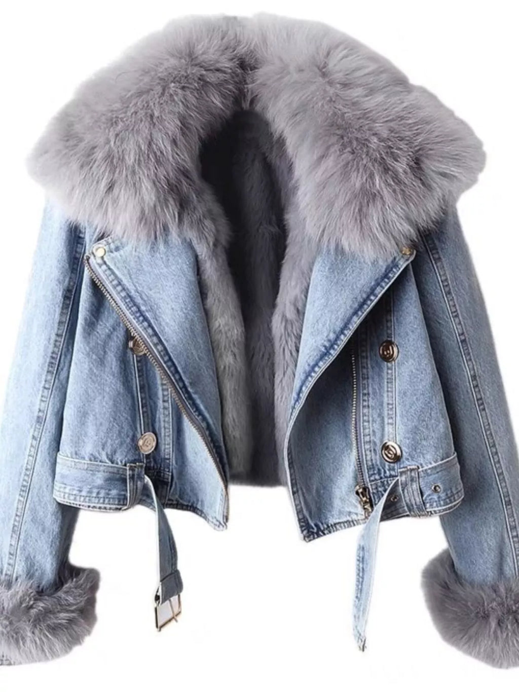 Detachable Faux Fox Fur Lined Denim Jacket for Women