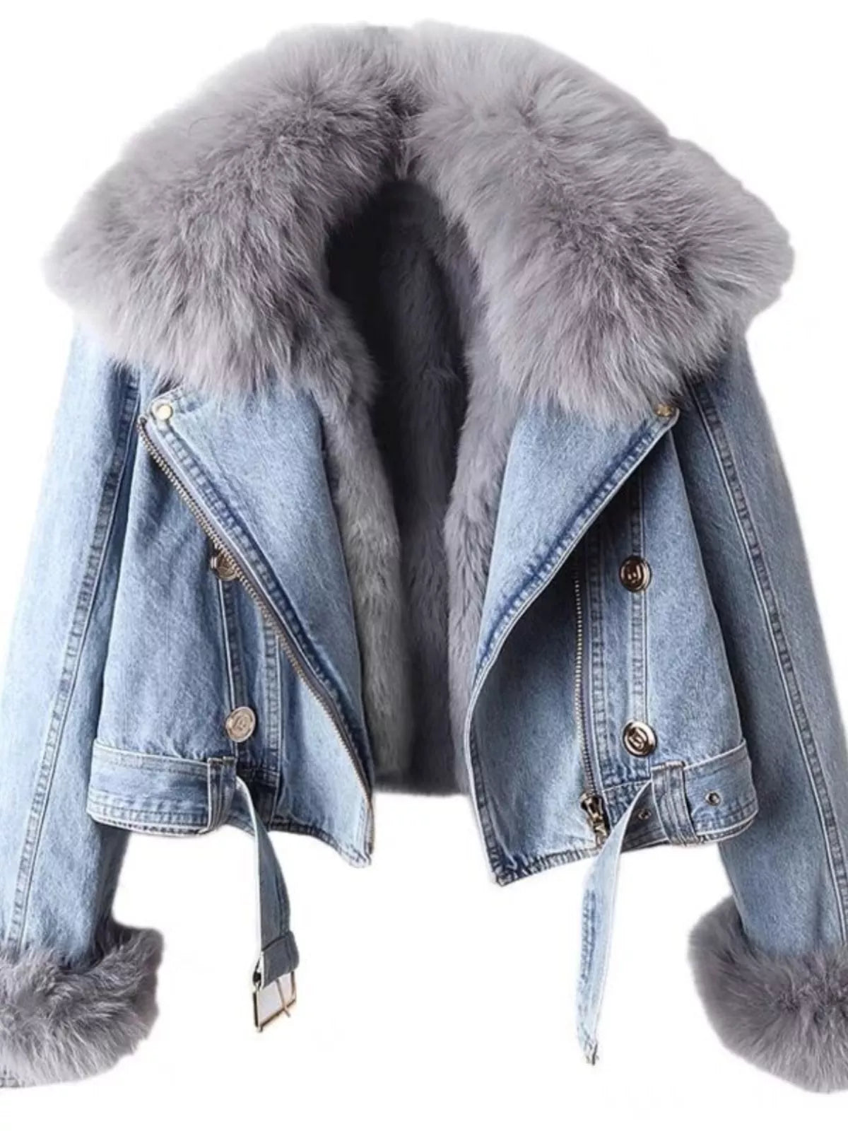 Detachable Faux Fox Fur Lined Denim Jacket for Women