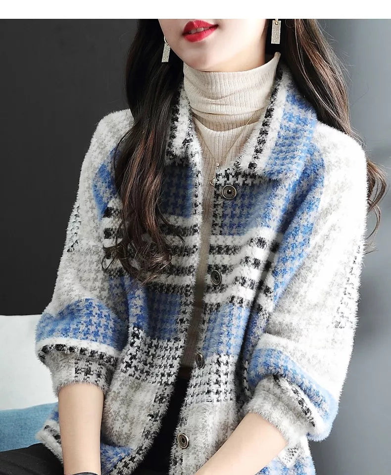Short Plaid Faux Mink Fur Jacket for Women
