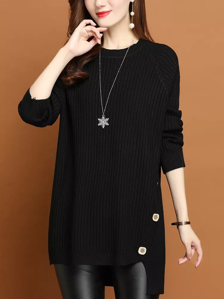 Langer Pullover mit seitlichen Knöpfen für Damen