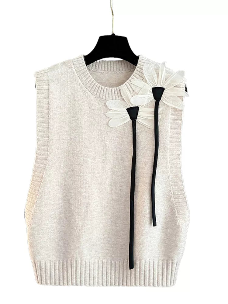 Beige Floral Knit Vest for Women