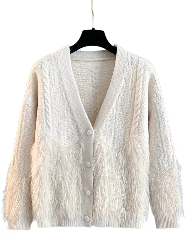Beige V-neck Knit Cardigan for Women