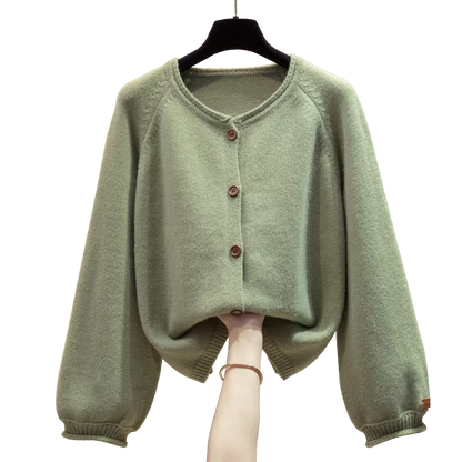 Cárdigan de punto con cuello redondo y botones en color liso para mujer
