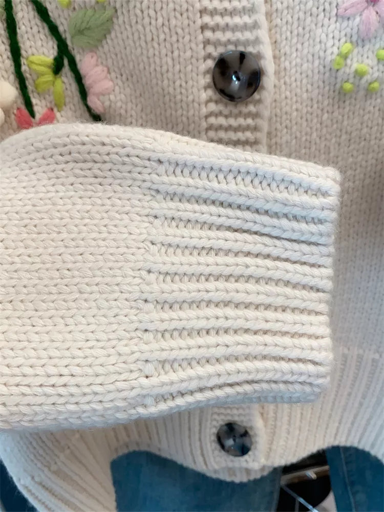 Vintage Hand-Embroidered Thick Knit Cardigan for Women