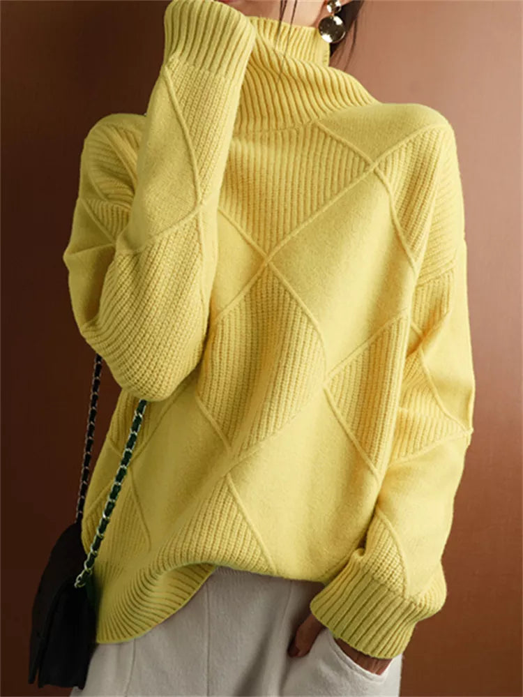 Women’s High-Neck Diamond Knit Pullover Sweater