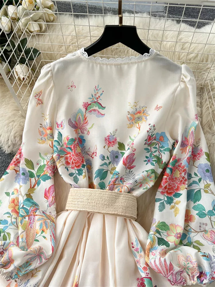 Maxikleid im französischen Stil mit V-Ausschnitt, Spitzenbesatz und Blumenmuster für Damen