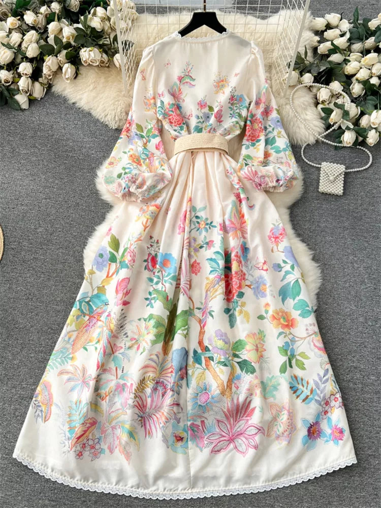 Maxikleid im französischen Stil mit V-Ausschnitt, Spitzenbesatz und Blumenmuster für Damen
