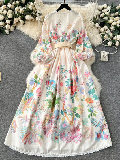 Maxikleid im französischen Stil mit V-Ausschnitt, Spitzenbesatz und Blumenmuster für Damen