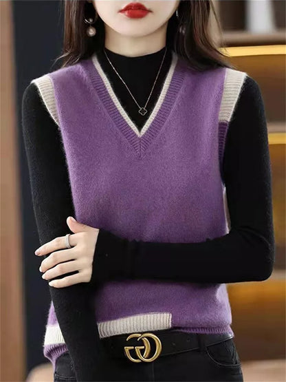 Strickweste mit Farbblock-Design und V-Ausschnitt für Damen