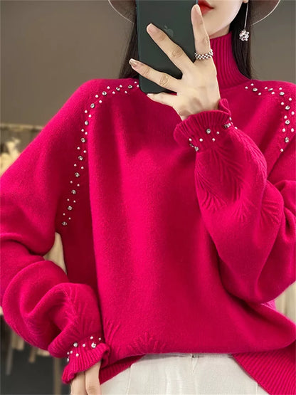 Suéter de punto con cuello alto y adornos para mujer