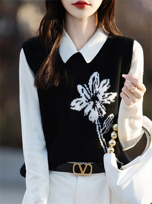 Black Floral Knit Vest for Women