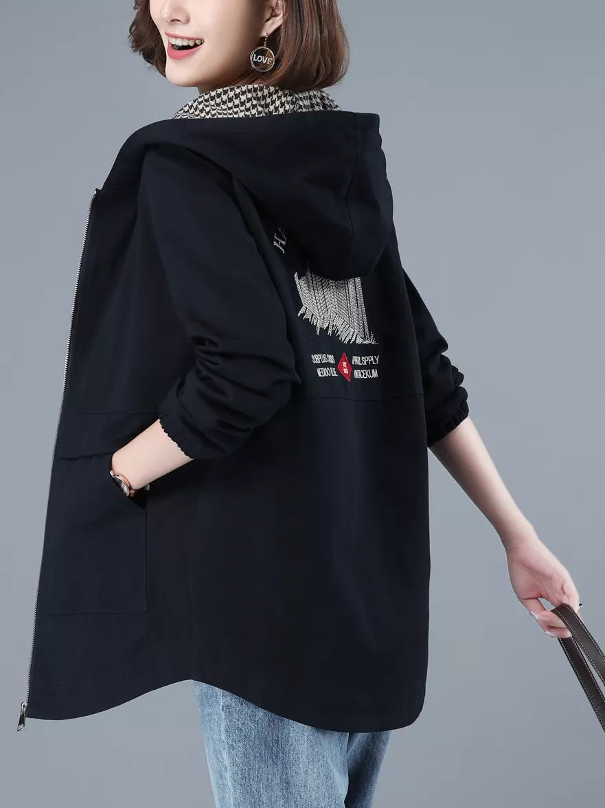 Grüner Baumwoll-Trenchcoat mit Kapuze für Damen