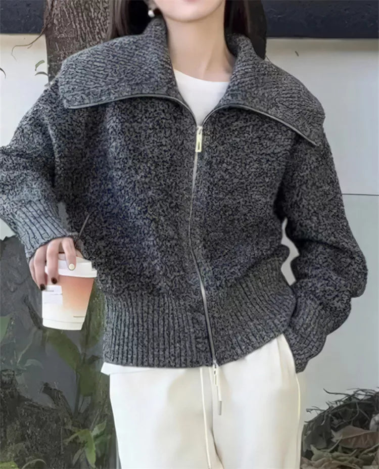 Double-Zipper Thick Knit Cardigan with Turn-Down Collar for Women