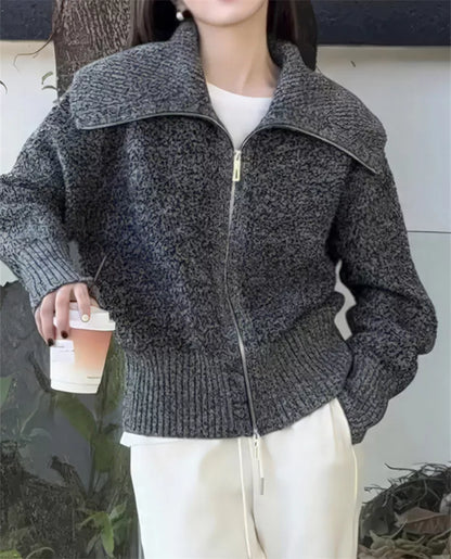 Cárdigan de punto grueso con doble cremallera y cuello vuelto para mujer 