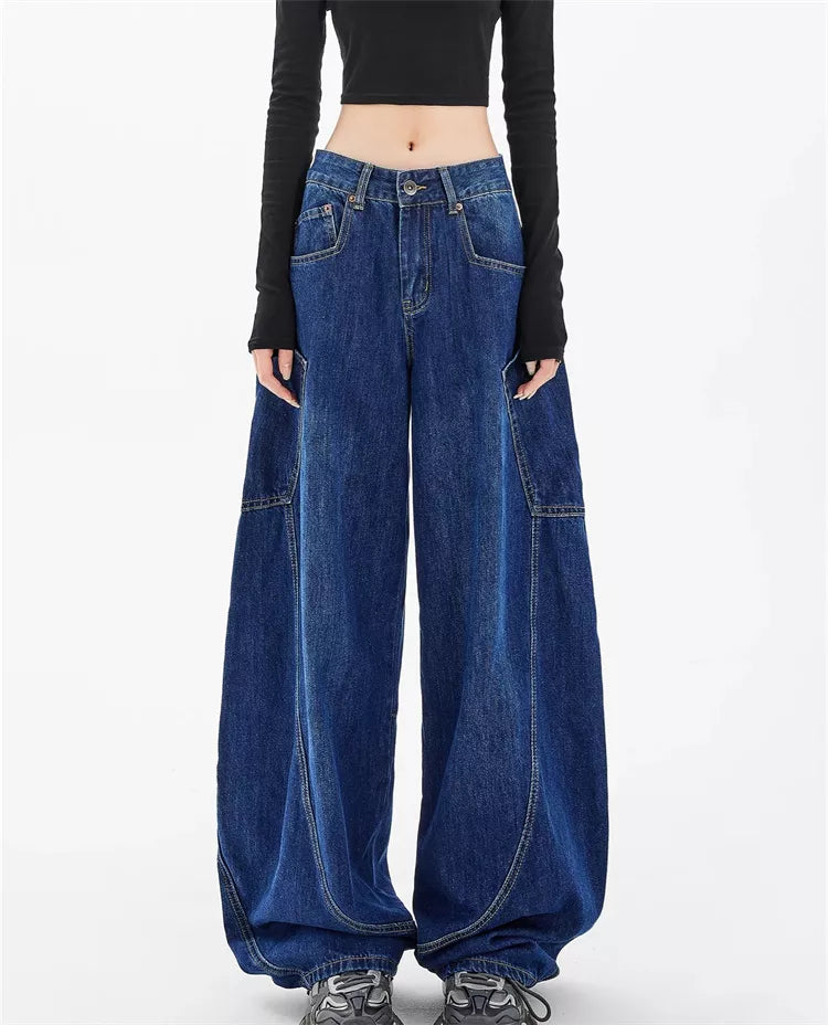 Pantalones cargo de mezclilla con bolsillos curvos estilo americano para mujer