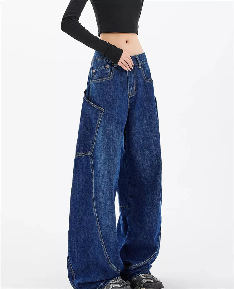 Pantalones cargo de mezclilla con bolsillos curvos estilo americano para mujer