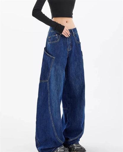 Pantalones cargo de mezclilla con bolsillos curvos estilo americano para mujer