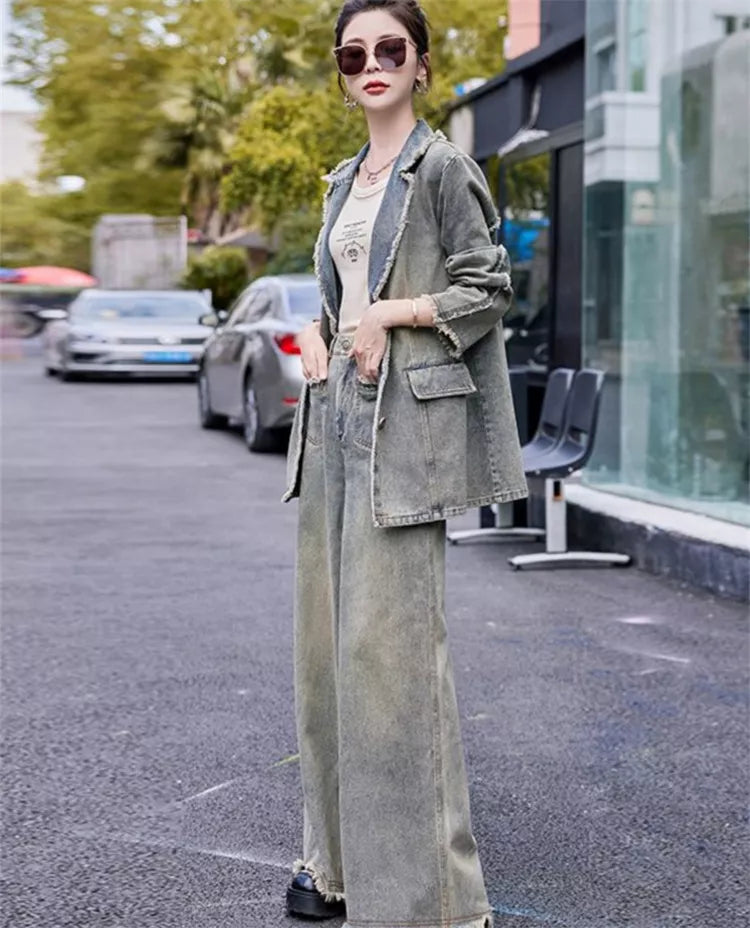 Vintage Denim Blazer and Wide-Leg Pants Set for Women