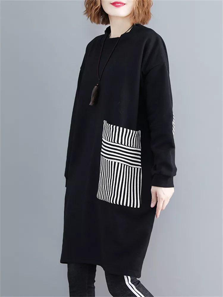 Vestido tipo sudadera holgado negro para mujer con bolsillos grandes