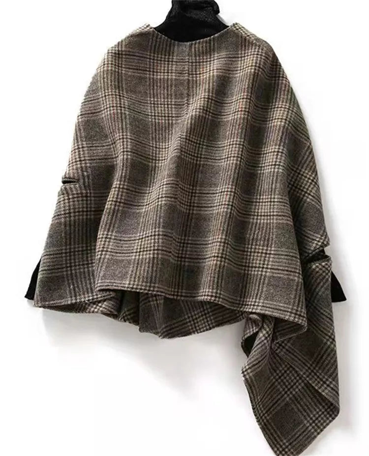 Vintage V-Ausschnitt Karo-Cape-Strickjacke für Damen