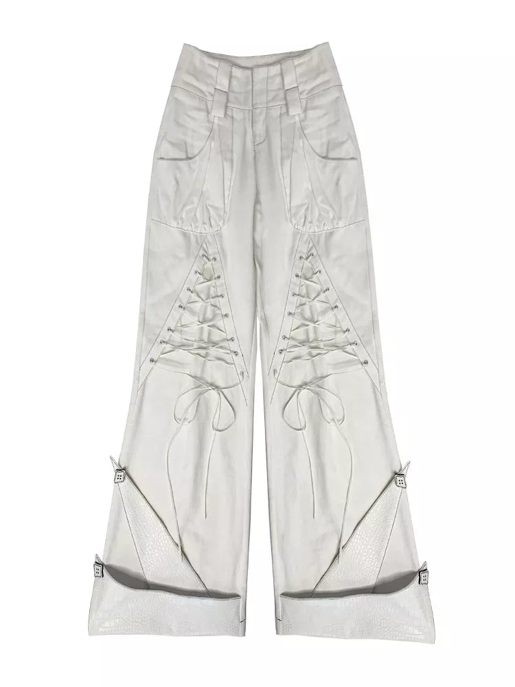 Pantalones vaqueros blancos góticos con cintura doble y lazo para mujer