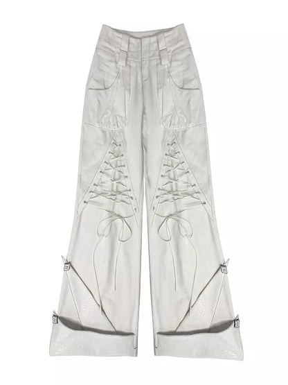 Pantalones vaqueros blancos góticos con cintura doble y lazo para mujer