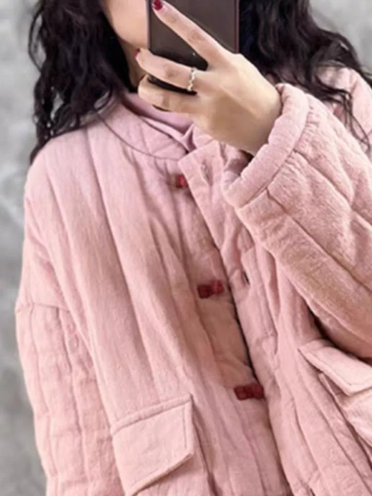 Vintage-Damenmantel aus gesteppter Baumwolle im chinesischen Stil in Rosa