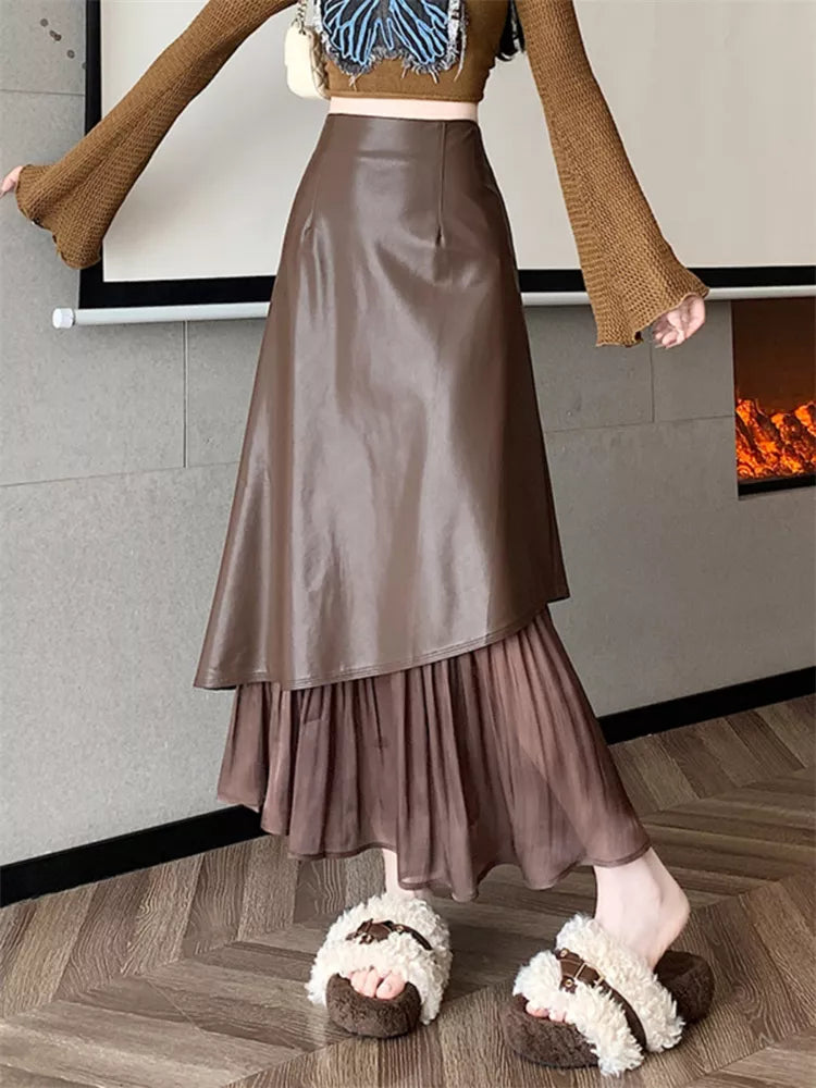 Elegant Brown PU Patchwork A-Line Mermaid Skirt for Women