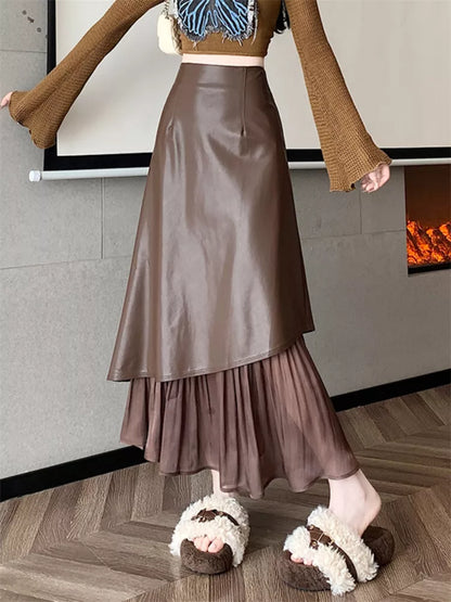 Eleganter brauner A-Linien-Meerjungfrauenrock aus PU-Patchwork für Damen