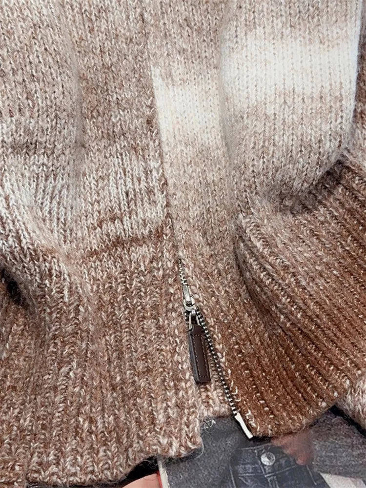 Vintage Cropped PU Leather Patchwork Zip-Up Striped Knit Cardigan for Women