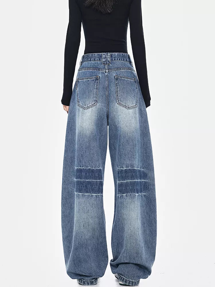 Vintage Deconstructed Curved Denim Wide-Leg Jeans for Women