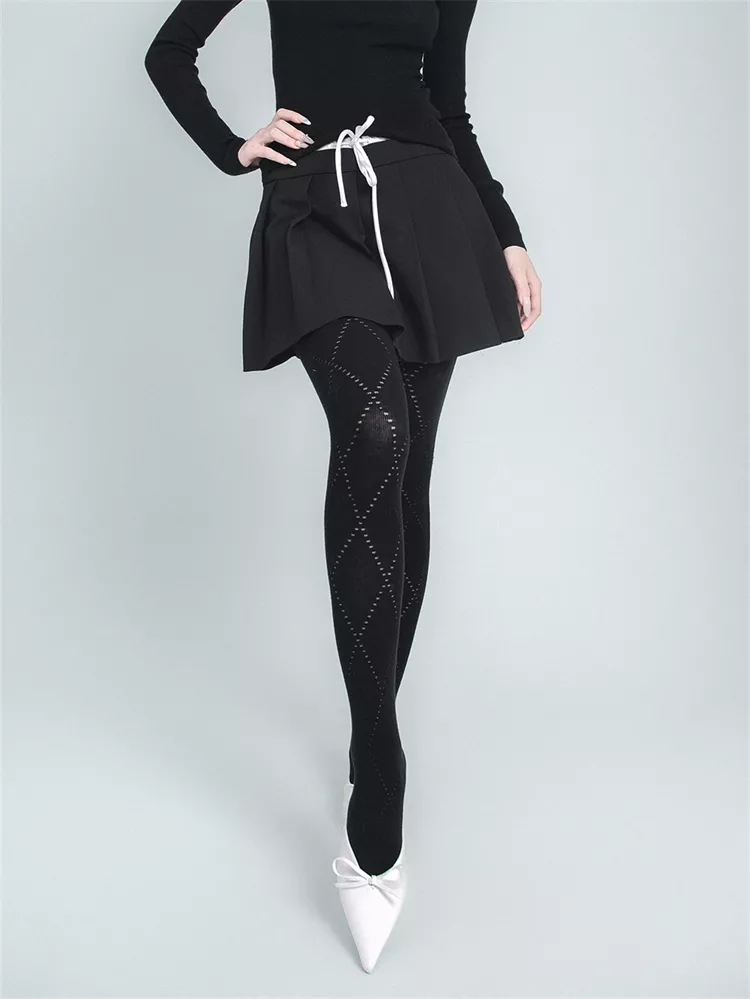 Herbst/Winter Rote Diamant-Hohlkammer-Baumwollmischung Warme Slim Strumpfhose für Damen