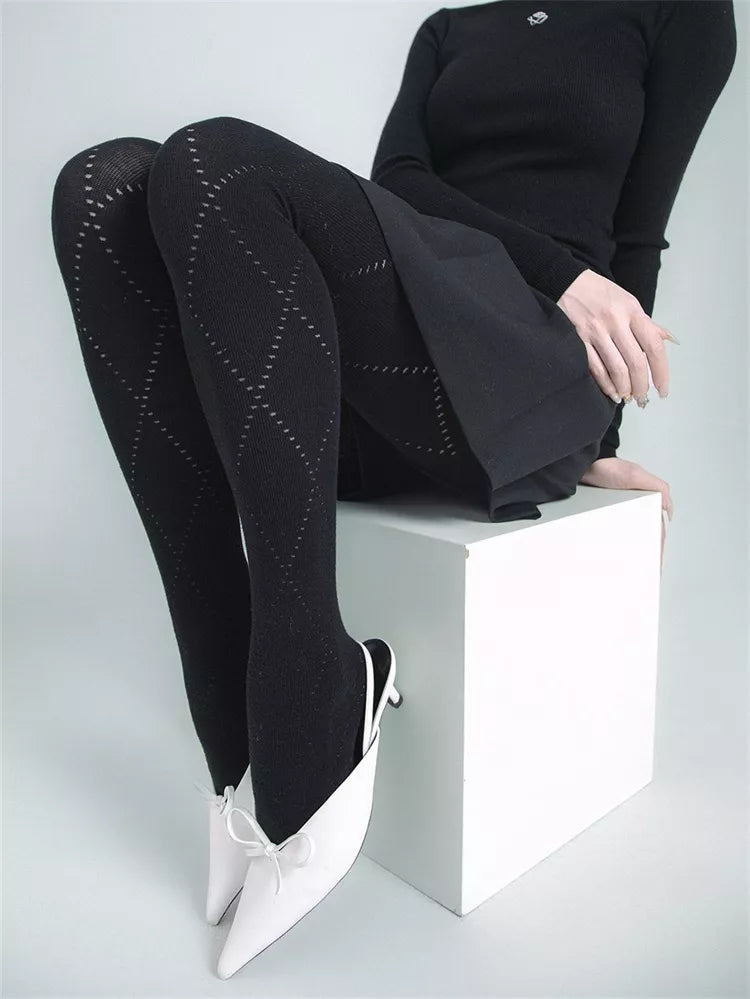 Herbst/Winter Rote Diamant-Hohlkammer-Baumwollmischung Warme Slim Strumpfhose für Damen