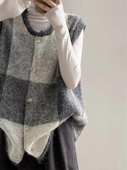 Vintage karierte Strickweste mit Knopfleiste für Damen