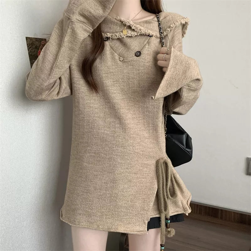 Suéter de punto con flecos y solapa retro vintage para mujer