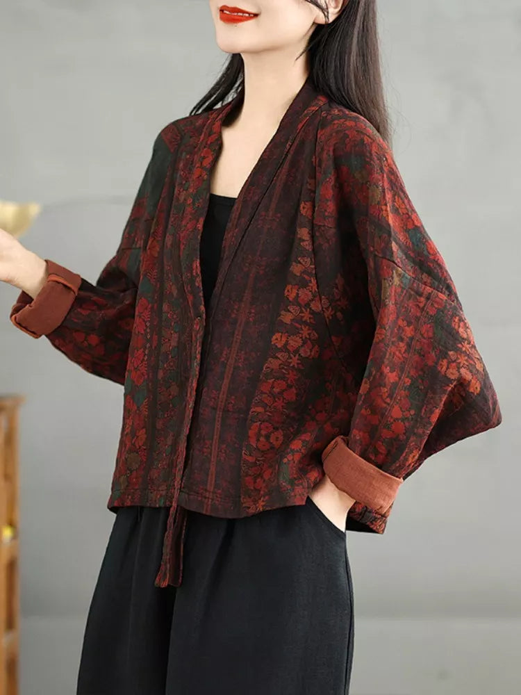Kurze, locker geschnittene Damenjacke aus bedrucktem Baumwoll-Leinen-Mischgewebe mit Fledermausärmeln und V-Ausschnitt in Übergröße
