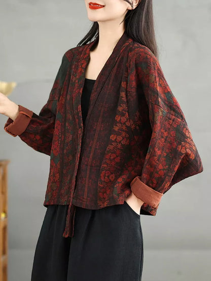 Kurze, locker geschnittene Damenjacke aus bedrucktem Baumwoll-Leinen-Mischgewebe mit Fledermausärmeln und V-Ausschnitt in Übergröße