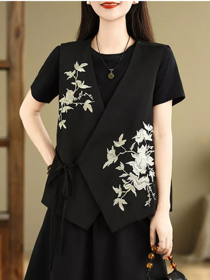 Vintage Embroidered V-Neck Short Vest for Women