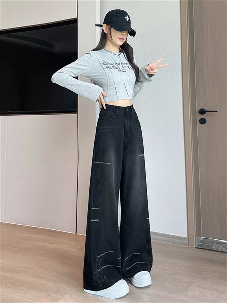 Pantalones vaqueros desgastados de pierna ancha estilo americano vintage para mujer