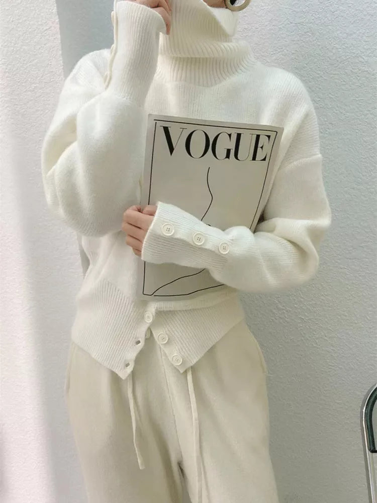 Women’s French Style High-Neck Pullover Sweater with Button Front Slit