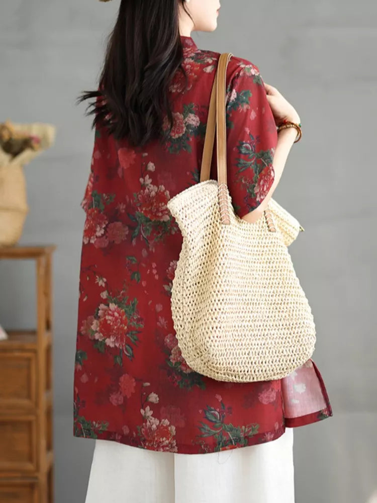 Camisa de lino y algodón con estampado de peonías rojas de estilo chino para mujer