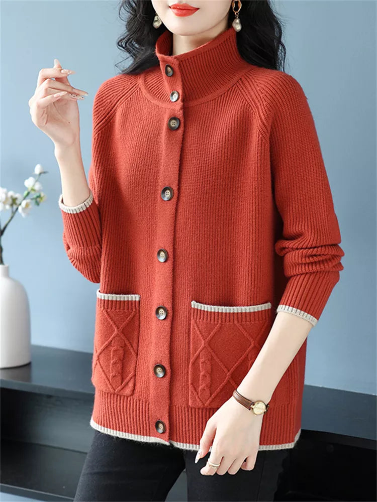 Camel Loose Knit Stand-Collar Buttoned Cardigan for Women