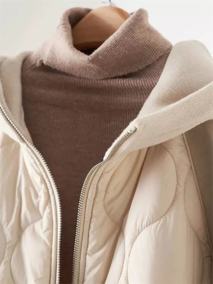 Khakifarbene Steppjacke mit Reißverschluss und Kapuze für Damen 