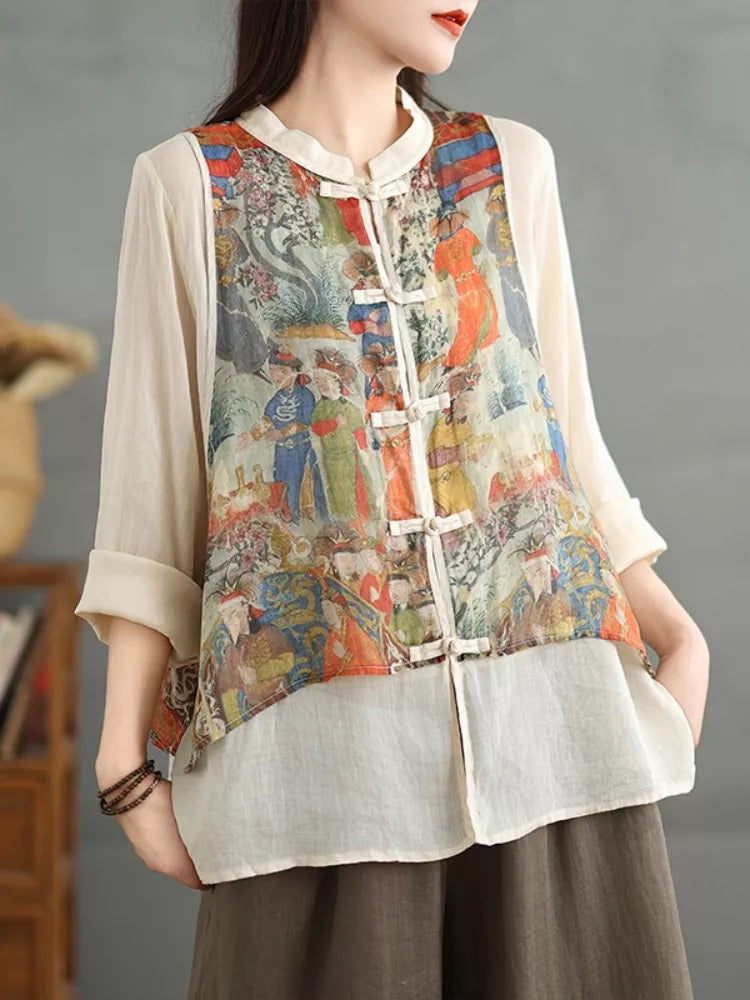 Chaleco bordado con cuello alto estilo chino y blusa de ramio con patchwork, dos piezas falsas