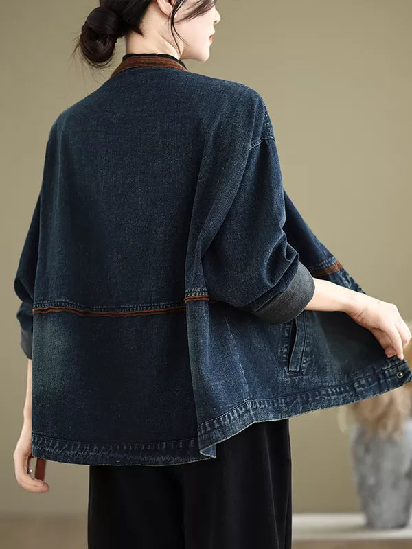 Chaqueta vaquera vintage azul de talla grande con botones y cuello alto para mujer