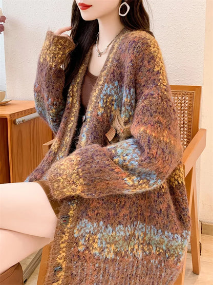 Women's Vintage Abstract Print Oversized Mohair Cardigan