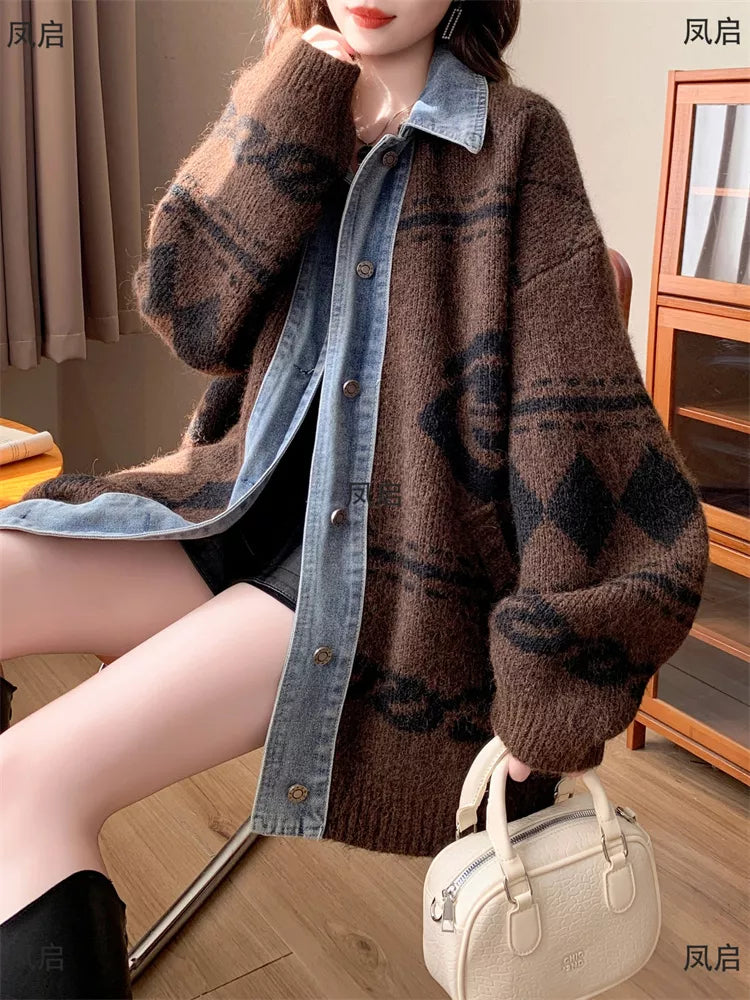 Women's Loose Plus Size Denim Patchwork Cardigan - Oversized Geometric Knit Jacket