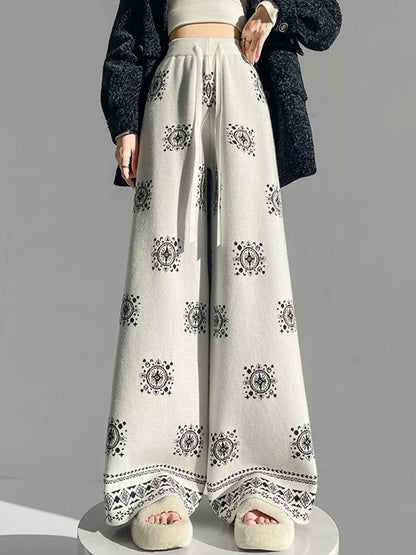 Pantalones de punto con cordón y cintura alta para mujer - Pantalones casuales bohemios de pierna ancha