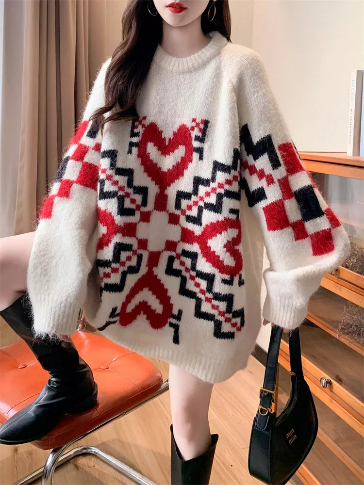 Dicker, mittellanger Jacquard-Pullover für Damen – Oversized-Strickpullover mit Herzmuster