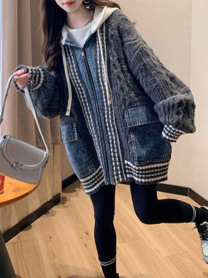 Cárdigan de punto trenzado con patchwork de mezclilla para mujer - Abrigo tipo suéter con capucha y cremallera
